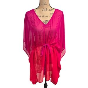 Beaches & Boho Vibrant‎ Pink Sheer Ombre Swim Cover-Up Kaftan Plus Size 2X New